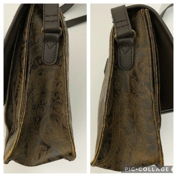 Vintage Relic Brown Paisley Tooled Faux Leather Flap Front Crossbody Satchel Bag - Picture 8 of 12